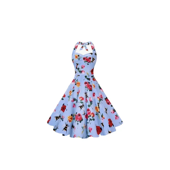 ANNI COCO HALTER 1950S FLORAL BEE PRINT ROCKABILLY COCKTAIL SWING DRESS SIZE S - Picture 13 of 16